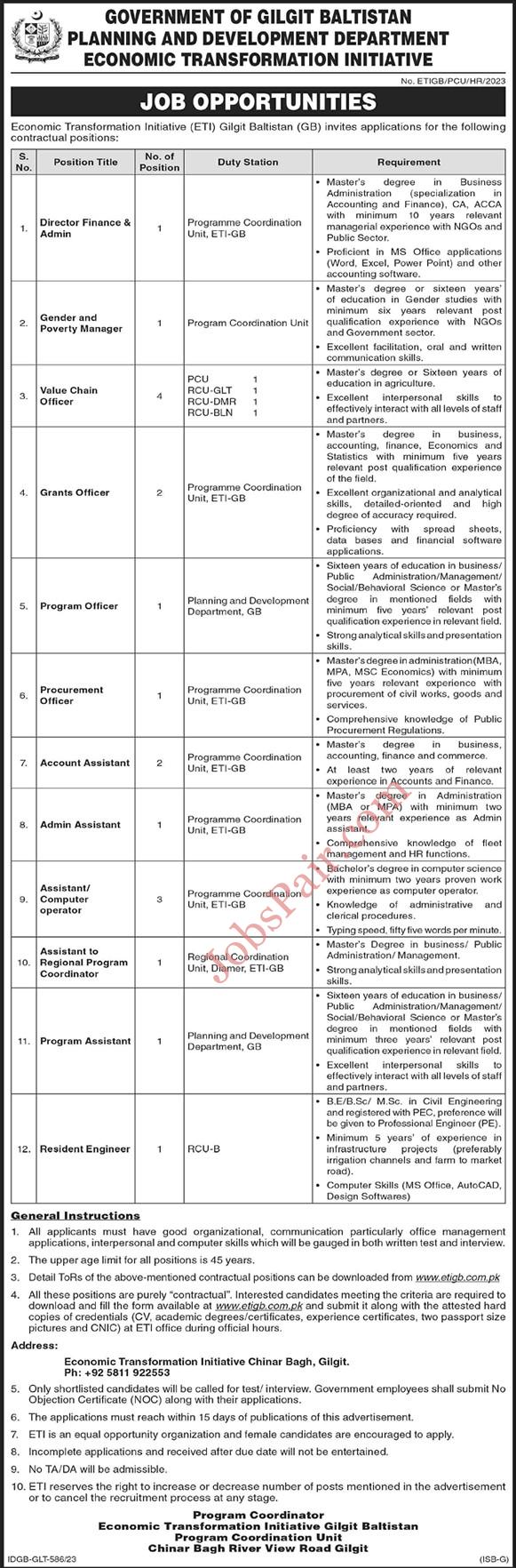 Planning and Development Department Gilgit Baltistan Jobs 2023 